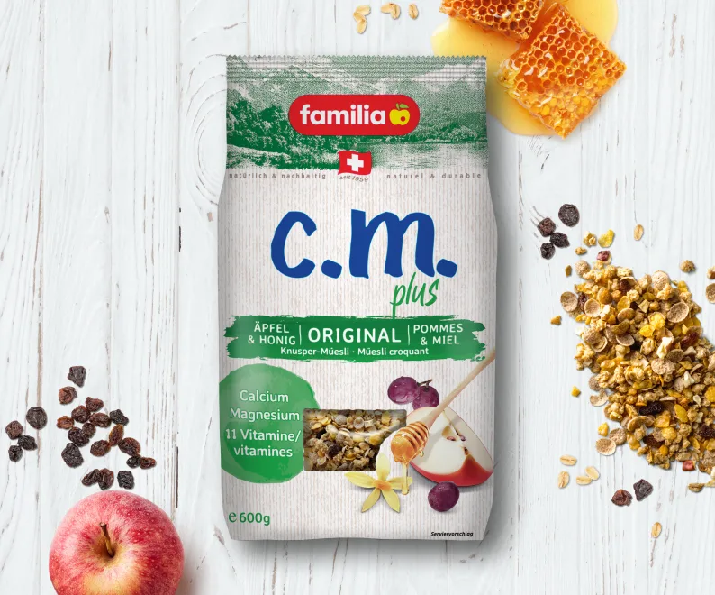 familia c.m.plus Original Müesli mit fruchtigen Äpfeln und saftigen Rosinen